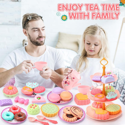 42PCS Kids Afternoon Tea Party Set with Teapot, Desserts & Cups, Portable Carry Case, Safe for Ages 3+