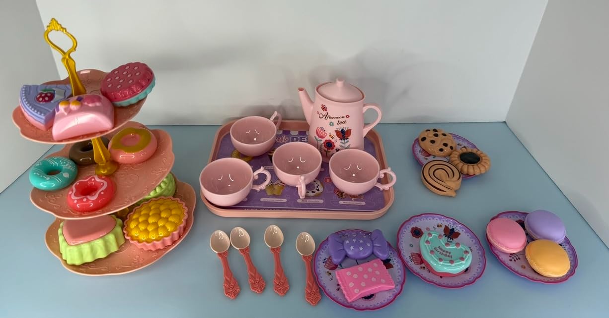 42PCS Kids Afternoon Tea Party Set with Teapot, Desserts & Cups, Portable Carry Case, Safe for Ages 3+