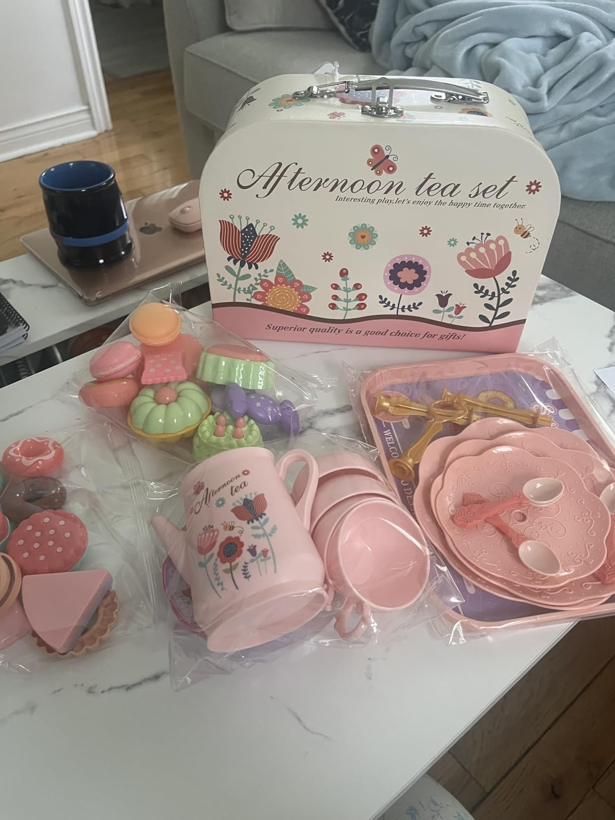 42PCS Kids Afternoon Tea Party Set with Teapot, Desserts & Cups, Portable Carry Case, Safe for Ages 3+