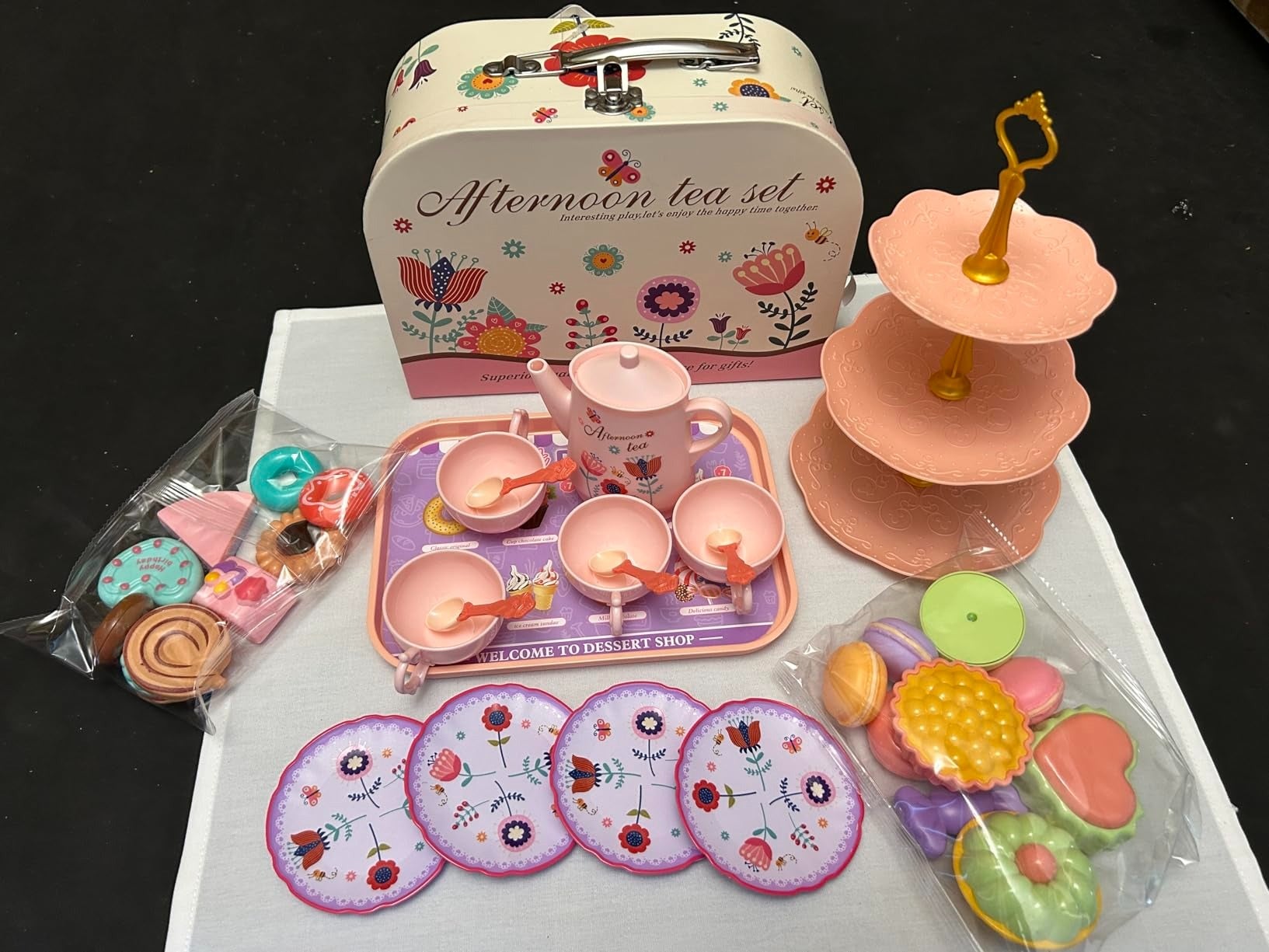 42PCS Kids Afternoon Tea Party Set with Teapot, Desserts & Cups, Portable Carry Case, Safe for Ages 3+