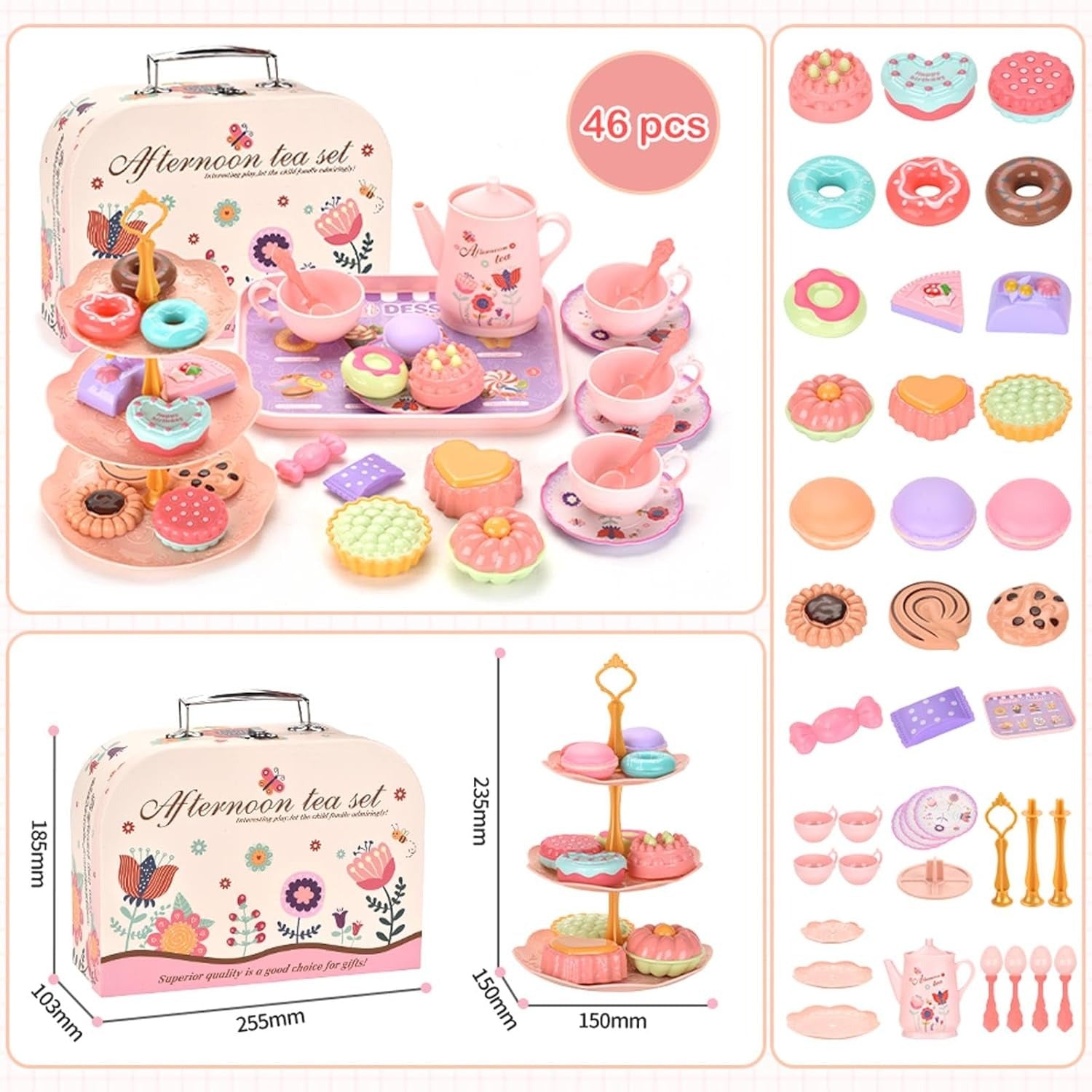 42PCS Kids Afternoon Tea Party Set with Teapot, Desserts & Cups, Portable Carry Case, Safe for Ages 3+