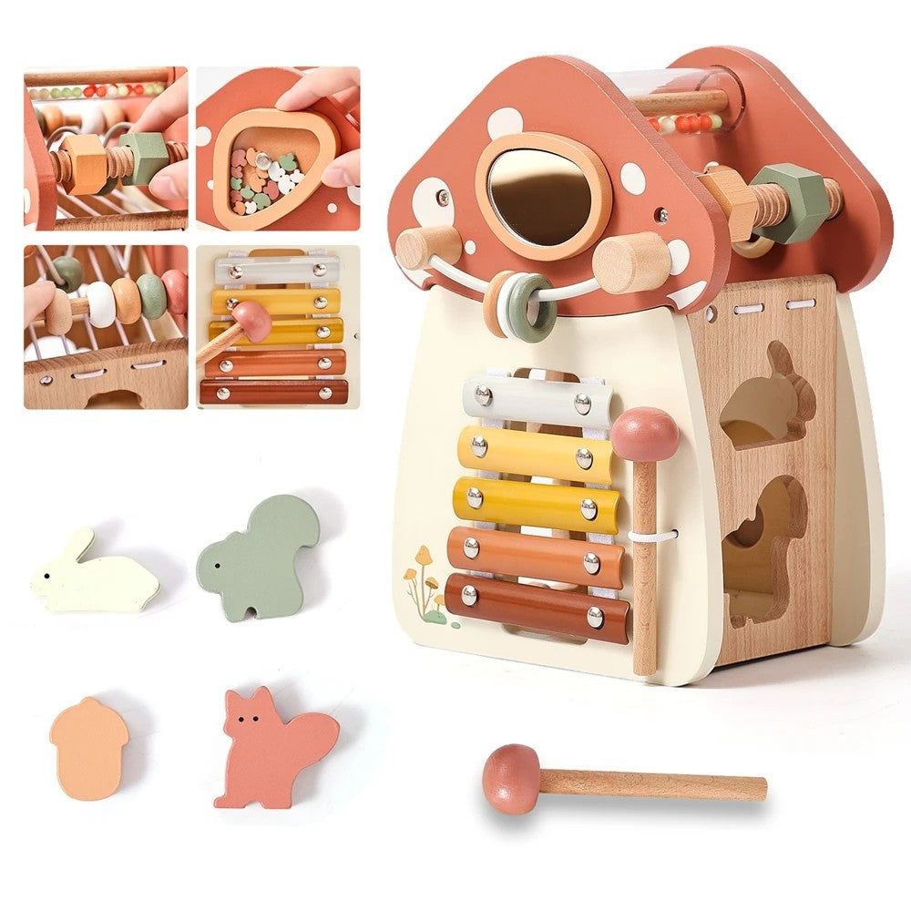 5-in-1 Montessori Mushroom Wooden Musical Toy with Xylophone, Fine Motor Activities, Pull Strap & Whimsical Design, Safe for Ages 1+