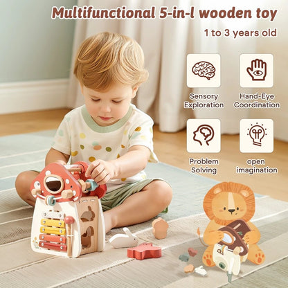 5-in-1 Montessori Mushroom Wooden Musical Toy with Xylophone, Fine Motor Activities, Pull Strap & Whimsical Design, Safe for Ages 1+