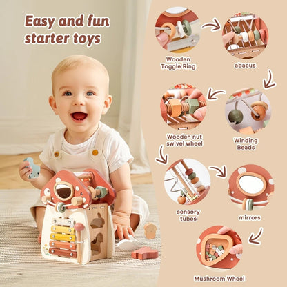 5-in-1 Montessori Mushroom Wooden Musical Toy with Xylophone, Fine Motor Activities, Pull Strap & Whimsical Design, Safe for Ages 1+