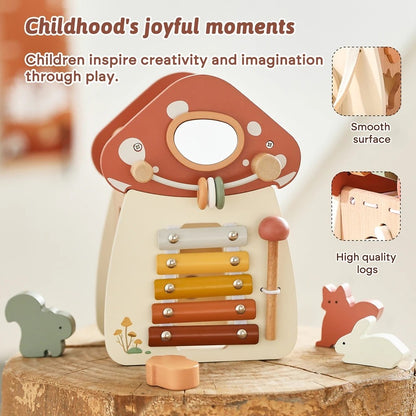 5-in-1 Montessori Mushroom Wooden Musical Toy with Xylophone, Fine Motor Activities, Pull Strap & Whimsical Design, Safe for Ages 1+
