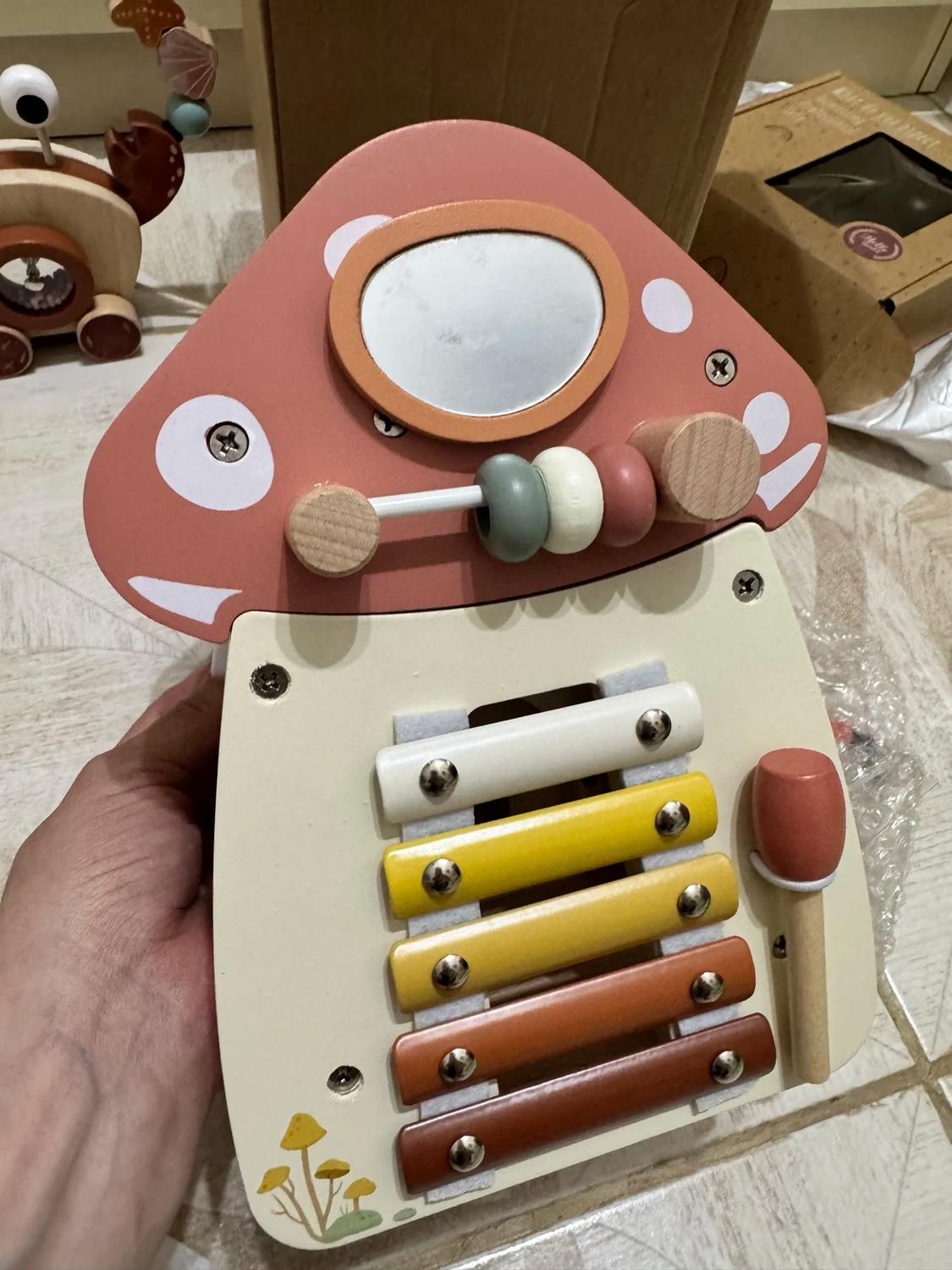 5-in-1 Montessori Mushroom Wooden Musical Toy with Xylophone, Fine Motor Activities, Pull Strap & Whimsical Design, Safe for Ages 1+