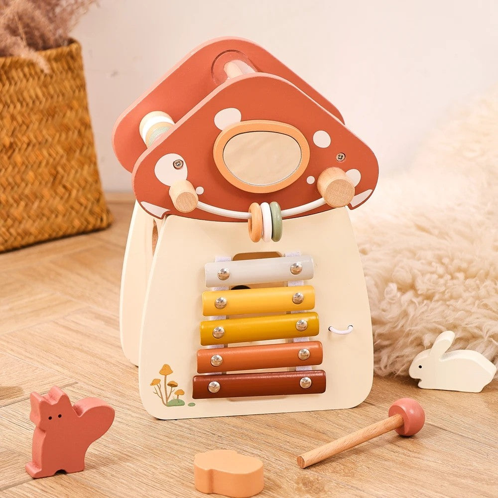 5-in-1 Montessori Mushroom Wooden Musical Toy with Xylophone, Fine Motor Activities, Pull Strap & Whimsical Design, Safe for Ages 1+