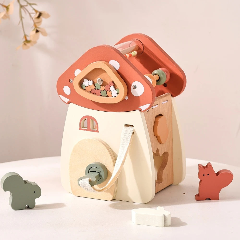 5-in-1 Montessori Mushroom Wooden Musical Toy with Xylophone, Fine Motor Activities, Pull Strap & Whimsical Design, Safe for Ages 1+