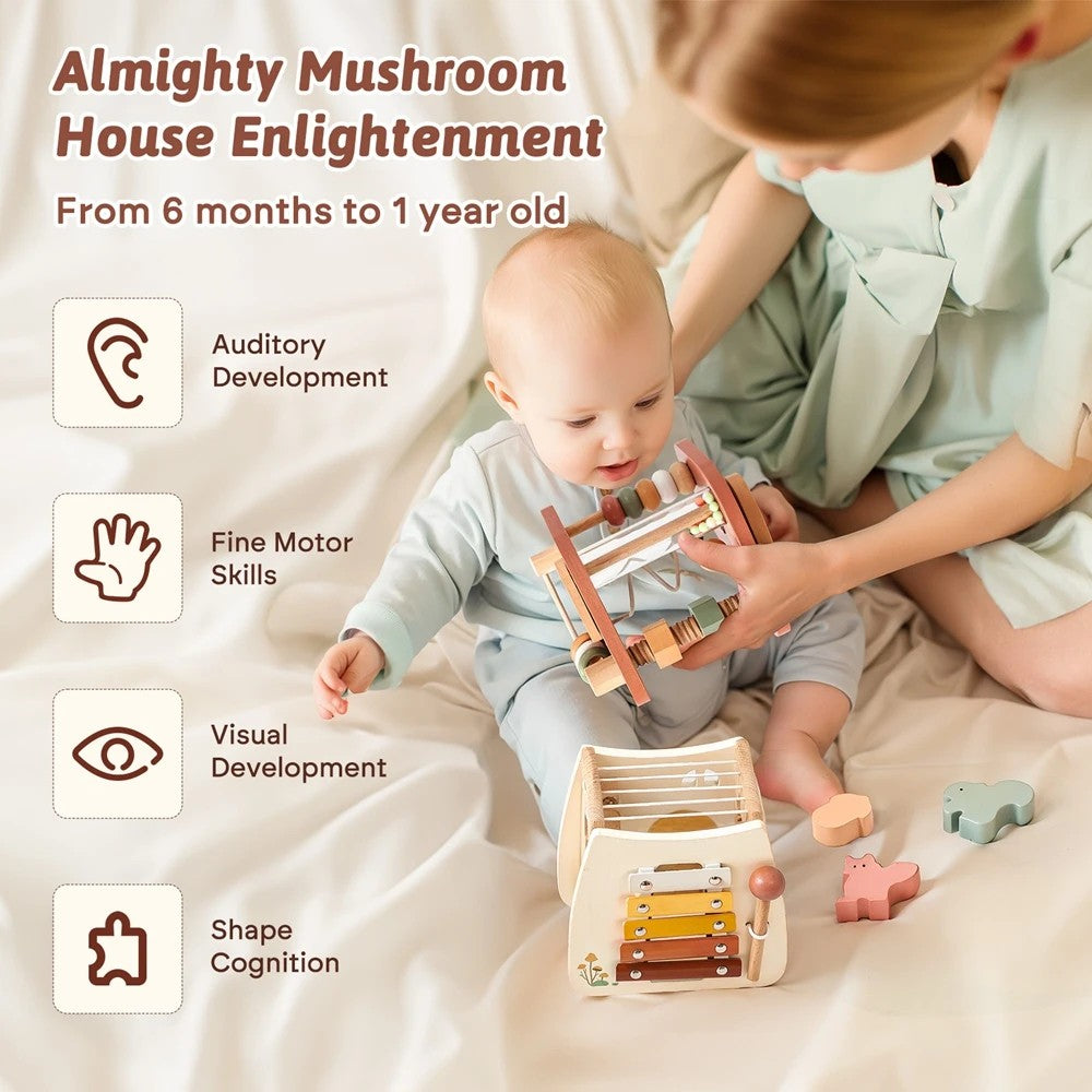 5-in-1 Montessori Mushroom Wooden Musical Toy with Xylophone, Fine Motor Activities, Pull Strap & Whimsical Design, Safe for Ages 1+