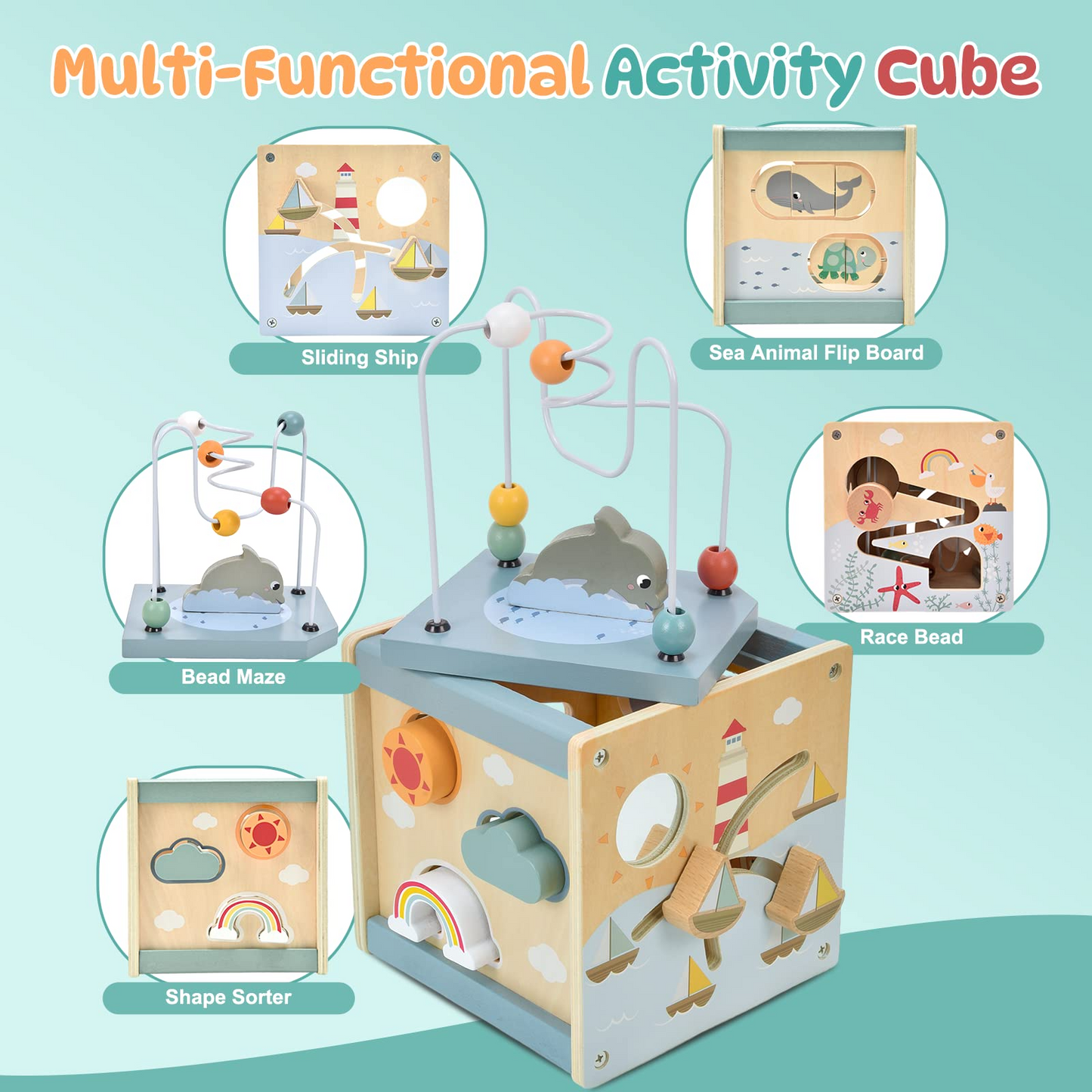 5-in-1 Montessori Wooden Activity Cube Toy, Educational Game, Safe for Toddlers 12 Months+