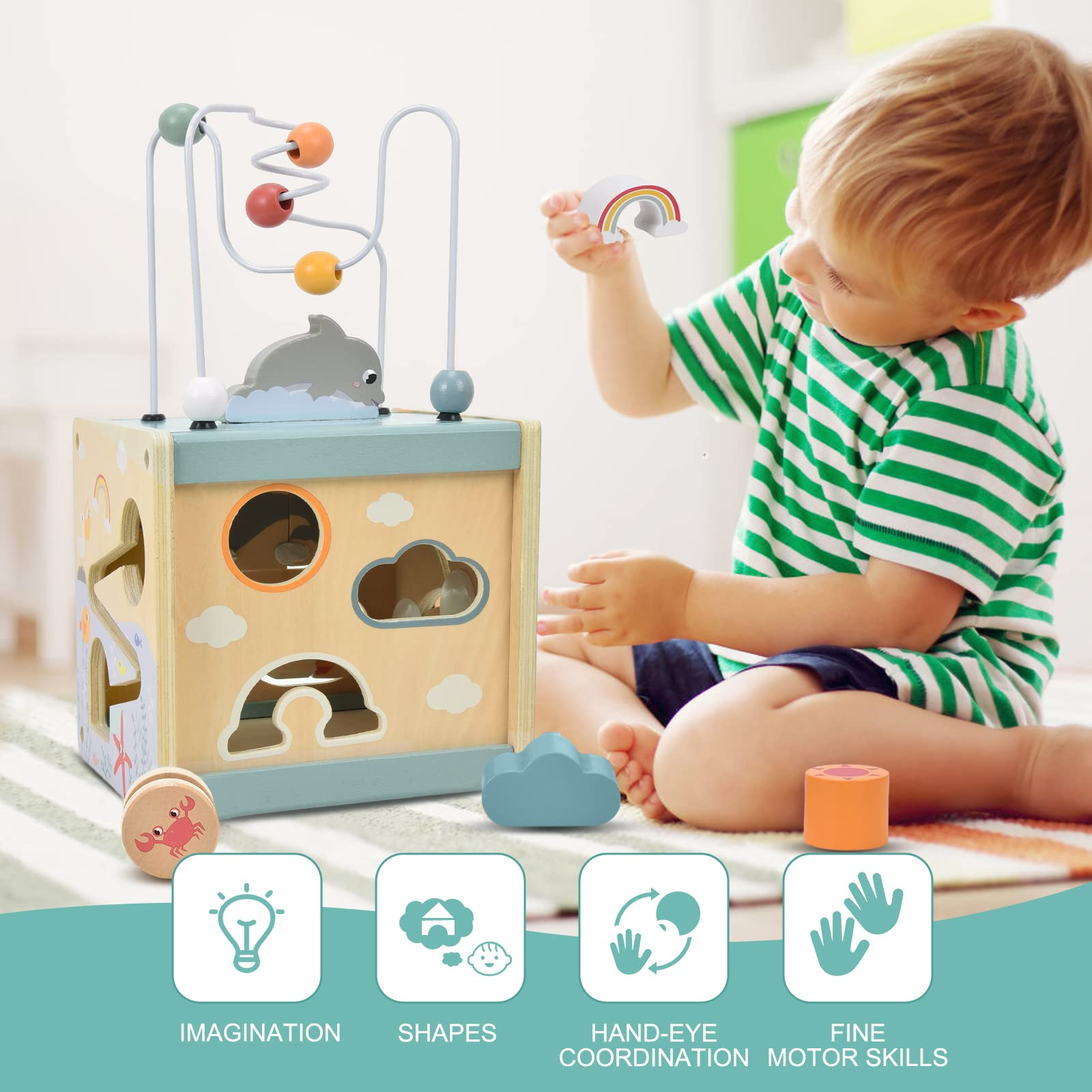 5-in-1 Montessori Wooden Activity Cube Toy, Educational Game, Safe for Toddlers 12 Months+