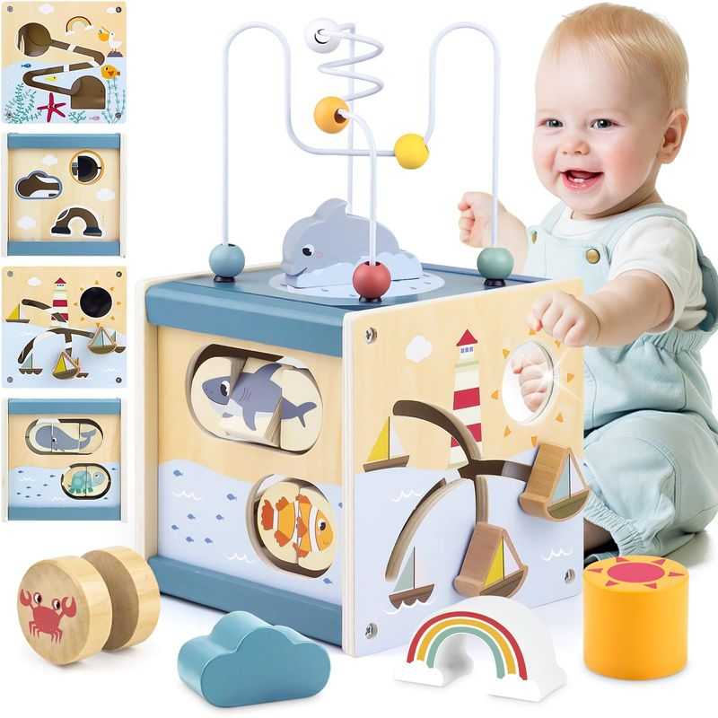 5-in-1 Montessori Wooden Activity Cube Toy, Educational Game, Safe for Toddlers 12 Months+