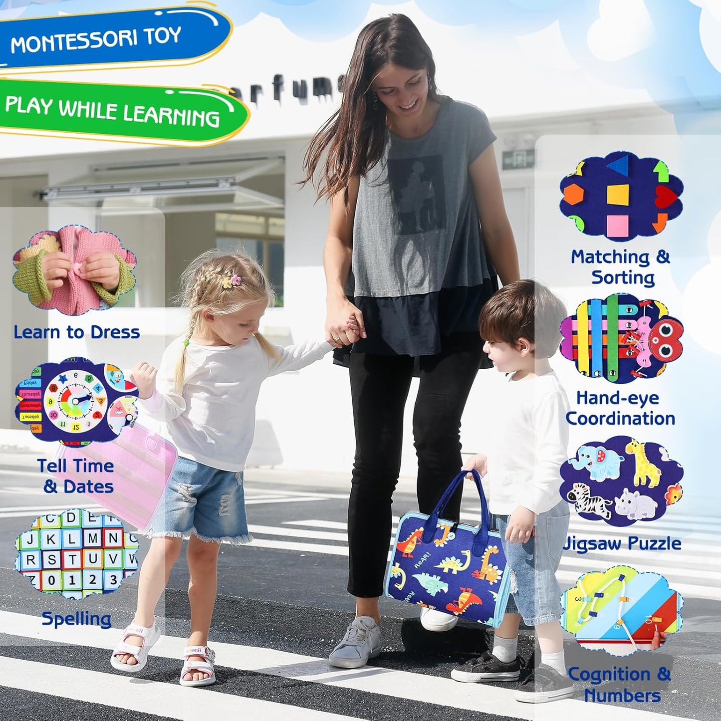 8-in-1 DIY Montessori Busy Board for Ages 2-6 – Non-toxic, Portable, Cartoon Design
