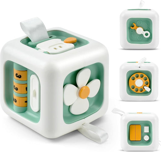 6-in-1 Montessori Busy Board, Cube Educational Toy with Locks, Gears, Switches & Shape Sorter, Safe for Ages 1+
