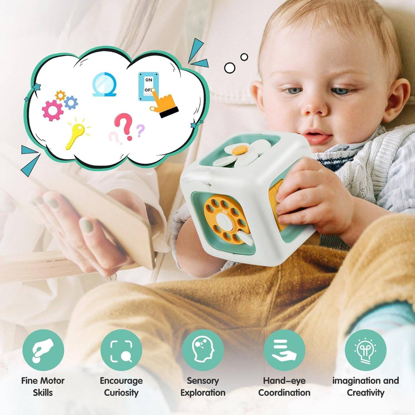6-in-1 Montessori Busy Board, Cube Educational Toy with Locks, Gears, Switches & Shape Sorter, Safe for Ages 1+