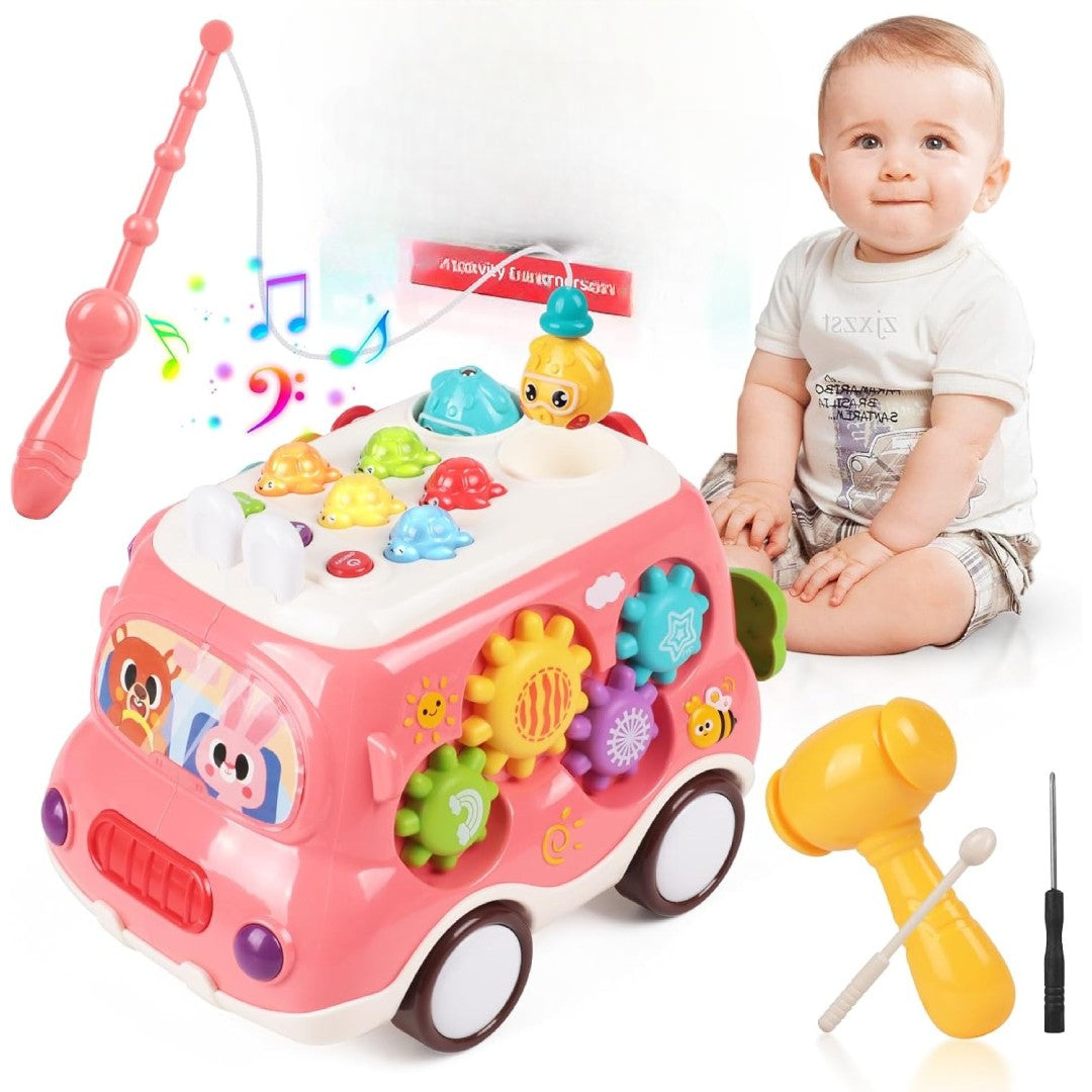6-in-1 Montessori Learning Bus - Musical Baby Toy with Whack-a-Mole, Xylophone, Spinning Windmill & Gears, Safe for Ages 1+