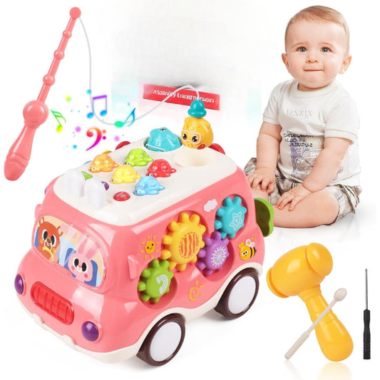 6-in-1 Montessori Learning Bus - Musical Baby Toy with Whack-a-Mole, Xylophone, Spinning Windmill & Gears, Safe for Ages 1+