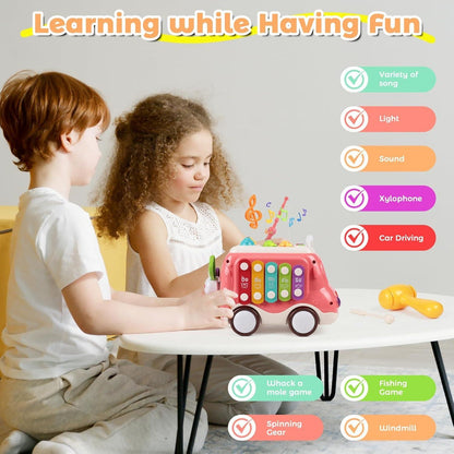 6-in-1 Montessori Learning Bus - Musical Baby Toy with Whack-a-Mole, Xylophone, Spinning Windmill & Gears, Safe for Ages 1+