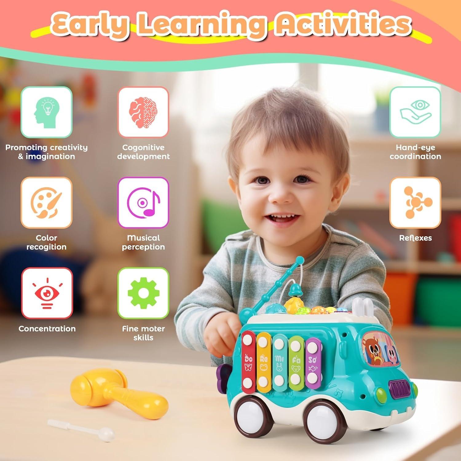 6-in-1 Montessori Learning Bus - Musical Baby Toy with Whack-a-Mole, Xylophone, Spinning Windmill & Gears, Safe for Ages 1+