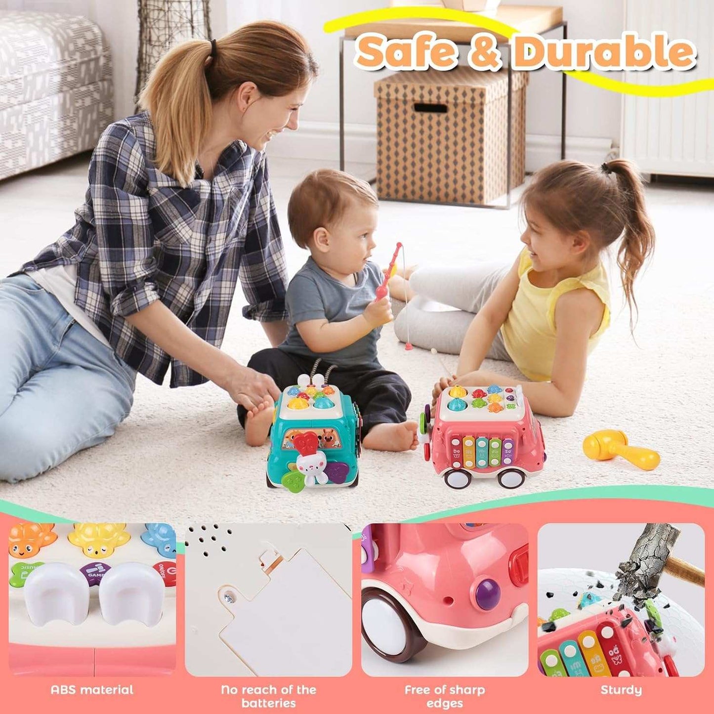 6-in-1 Montessori Learning Bus - Musical Baby Toy with Whack-a-Mole, Xylophone, Spinning Windmill & Gears, Safe for Ages 1+