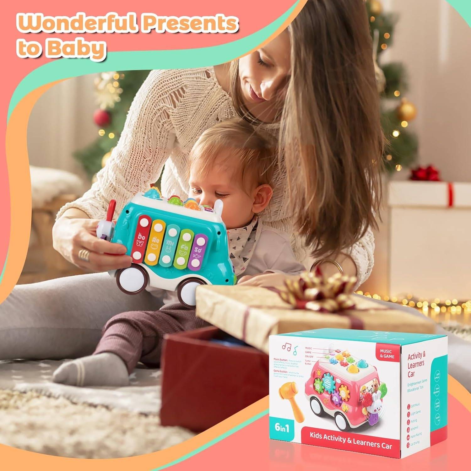 6-in-1 Montessori Learning Bus - Musical Baby Toy with Whack-a-Mole, Xylophone, Spinning Windmill & Gears, Safe for Ages 1+