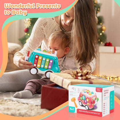 6-in-1 Montessori Learning Bus - Musical Baby Toy with Whack-a-Mole, Xylophone, Spinning Windmill & Gears, Safe for Ages 1+