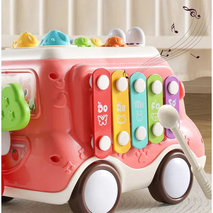6-in-1 Montessori Learning Bus - Musical Baby Toy with Whack-a-Mole, Xylophone, Spinning Windmill & Gears, Safe for Ages 1+