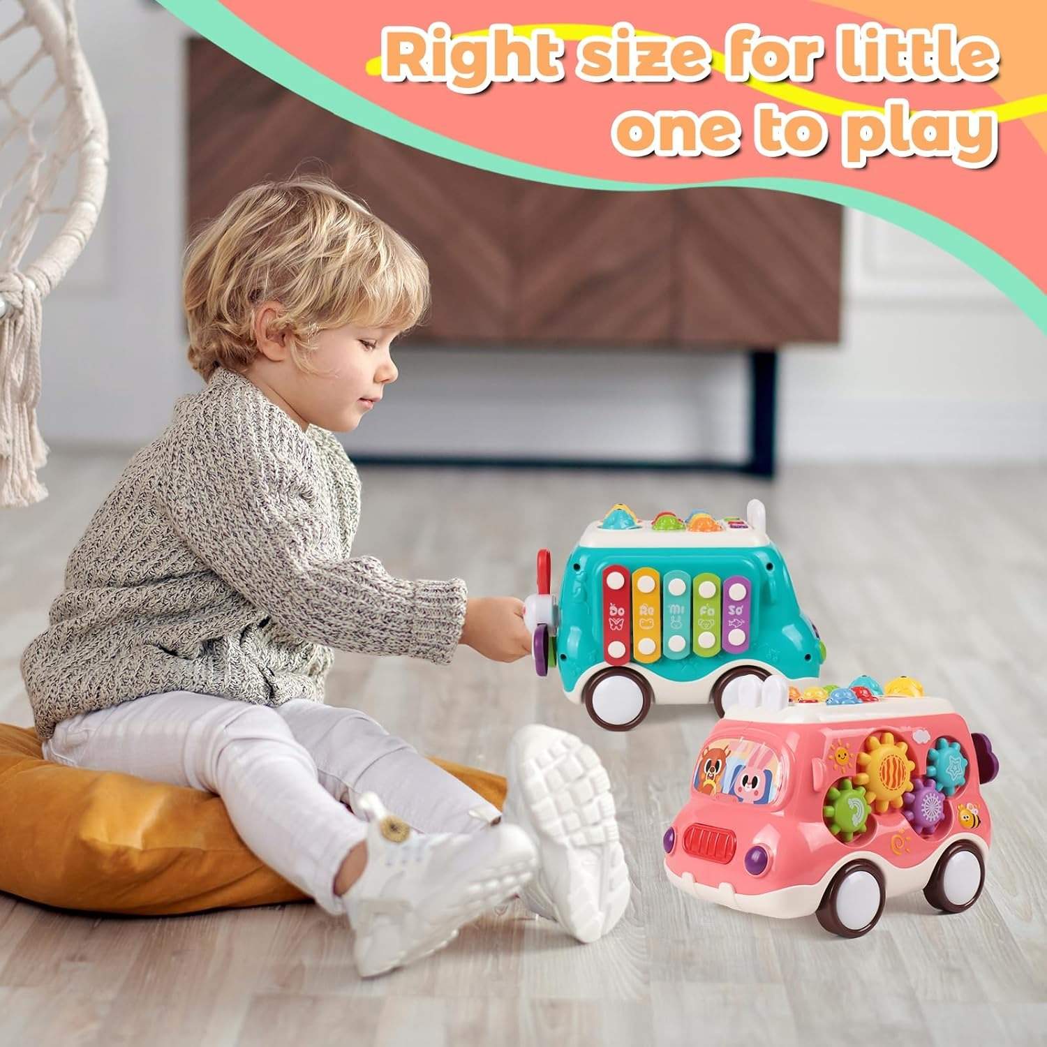 6-in-1 Montessori Learning Bus - Musical Baby Toy with Whack-a-Mole, Xylophone, Spinning Windmill & Gears, Safe for Ages 1+