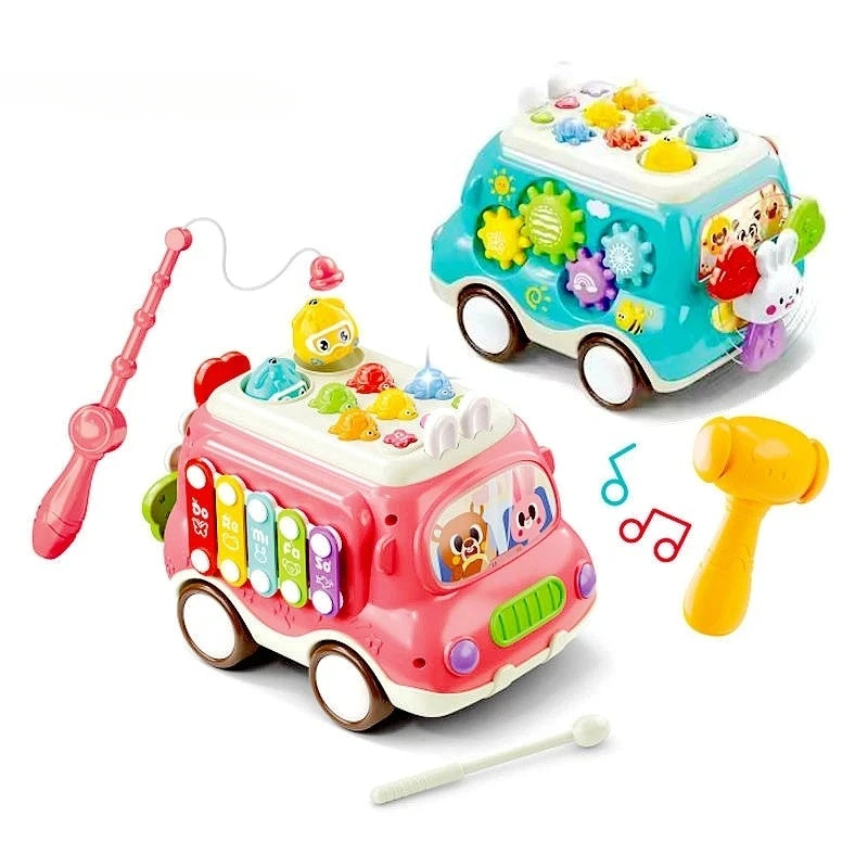 6-in-1 Montessori Learning Bus - Musical Baby Toy with Whack-a-Mole, Xylophone, Spinning Windmill & Gears, Safe for Ages 1+