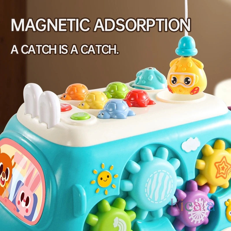 6-in-1 Montessori Learning Bus - Musical Baby Toy with Whack-a-Mole, Xylophone, Spinning Windmill & Gears, Safe for Ages 1+