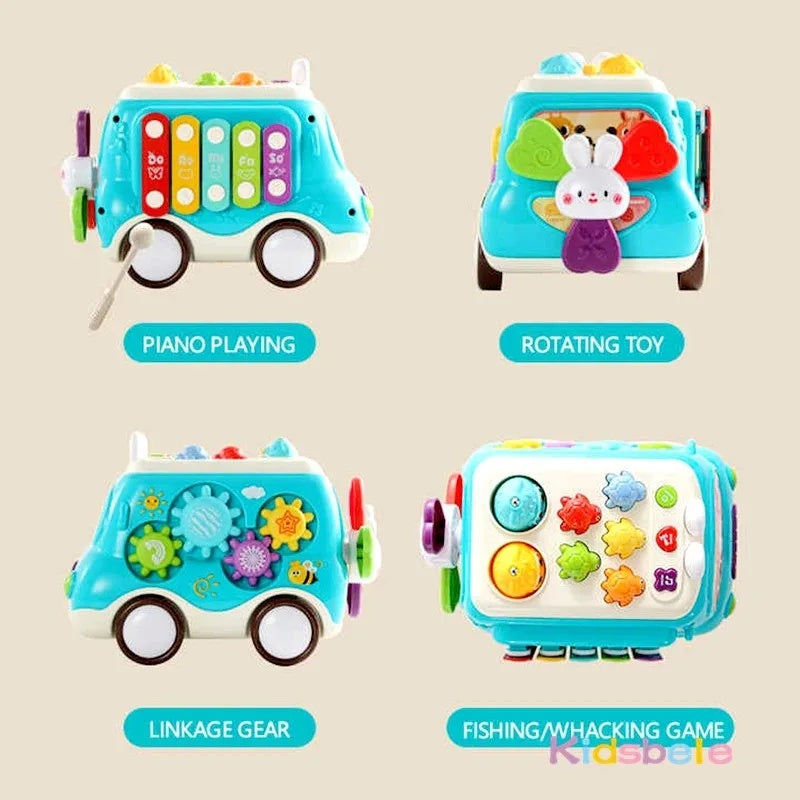 6-in-1 Montessori Learning Bus - Musical Baby Toy with Whack-a-Mole, Xylophone, Spinning Windmill & Gears, Safe for Ages 1+