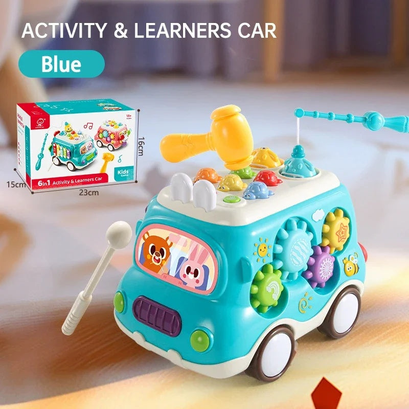 6-in-1 Montessori Learning Bus - Musical Baby Toy with Whack-a-Mole, Xylophone, Spinning Windmill & Gears, Safe for Ages 1+