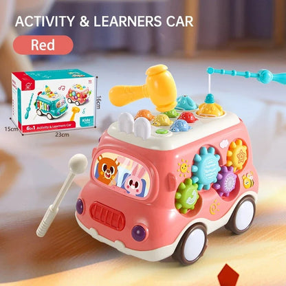 6-in-1 Montessori Learning Bus - Musical Baby Toy with Whack-a-Mole, Xylophone, Spinning Windmill & Gears, Safe for Ages 1+