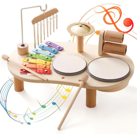 6-in-1 Montessori Wooden Musical Instrument Set - Music Table with Colorful Xylophone, Natural Wood, No Batteries Needed, Safe for Ages 2+
