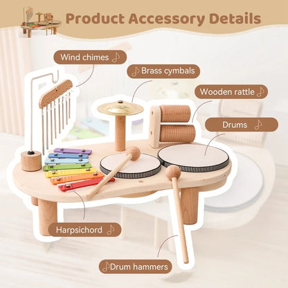 6-in-1 Montessori Wooden Musical Instrument Set - Music Table with Colorful Xylophone, Natural Wood, No Batteries Needed, Safe for Ages 2+