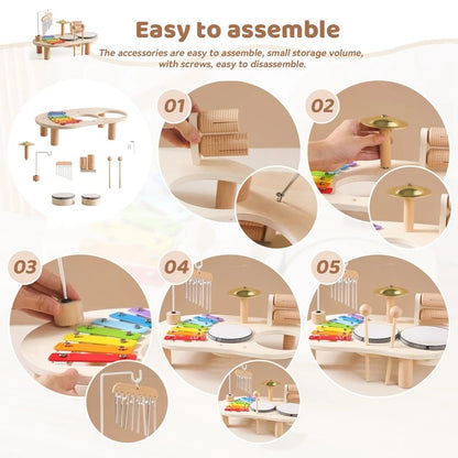 6-in-1 Montessori Wooden Musical Instrument Set - Music Table with Colorful Xylophone, Natural Wood, No Batteries Needed, Safe for Ages 2+