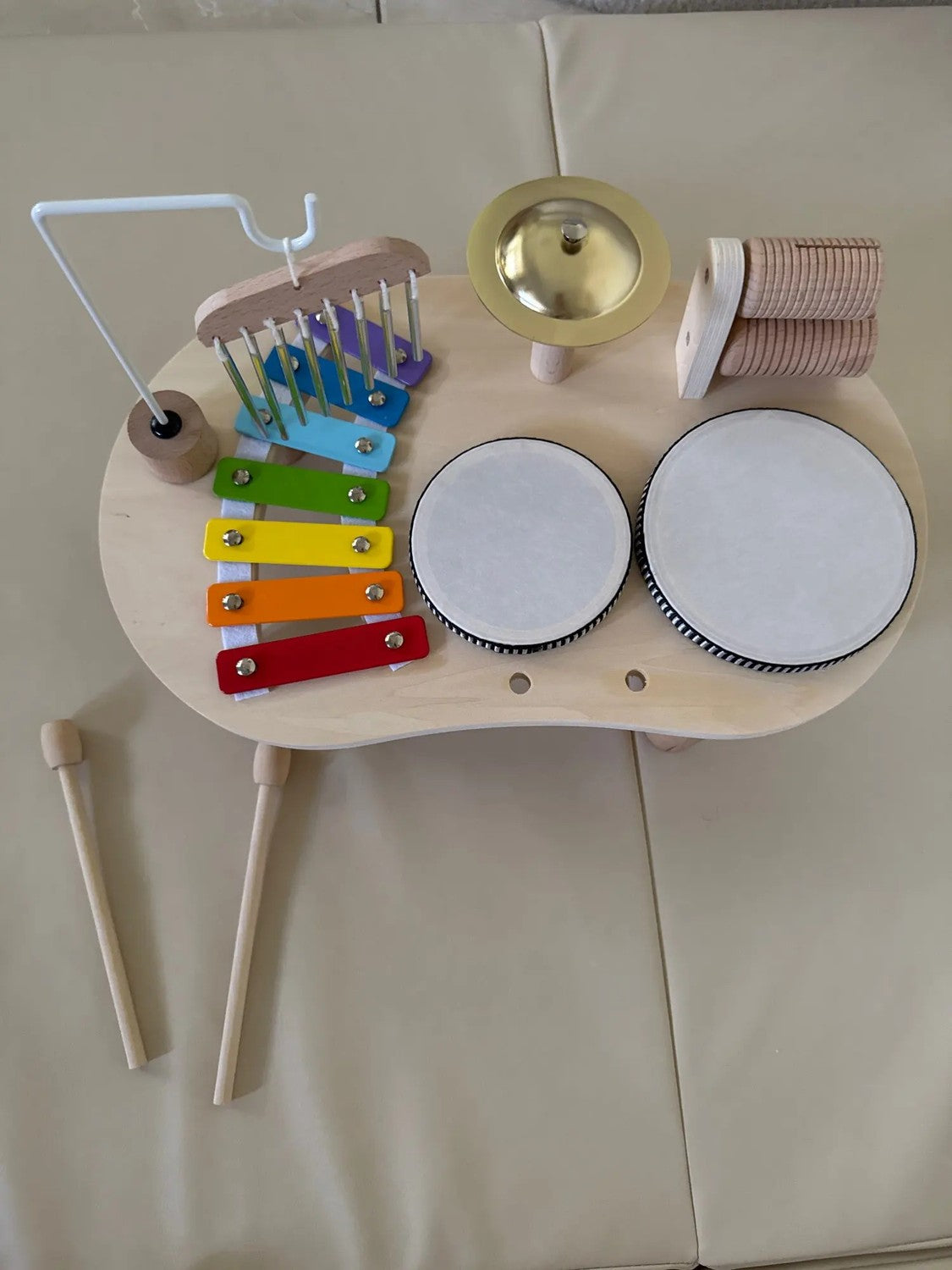 6-in-1 Montessori Wooden Musical Instrument Set - Music Table with Colorful Xylophone, Natural Wood, No Batteries Needed, Safe for Ages 2+
