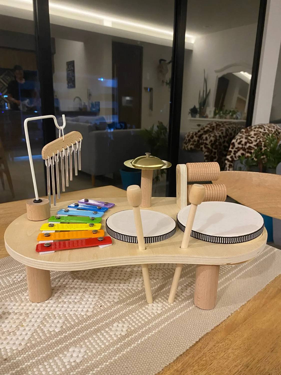 6-in-1 Montessori Wooden Musical Instrument Set - Music Table with Colorful Xylophone, Natural Wood, No Batteries Needed, Safe for Ages 2+