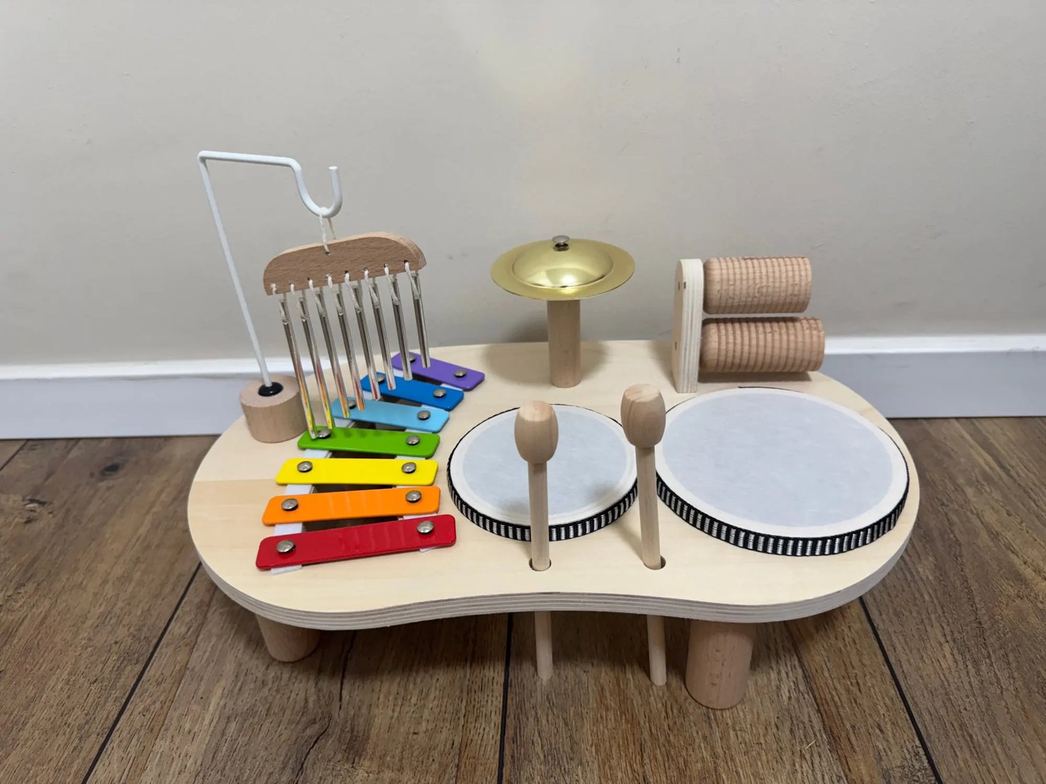 6-in-1 Montessori Wooden Musical Instrument Set - Music Table with Colorful Xylophone, Natural Wood, No Batteries Needed, Safe for Ages 2+