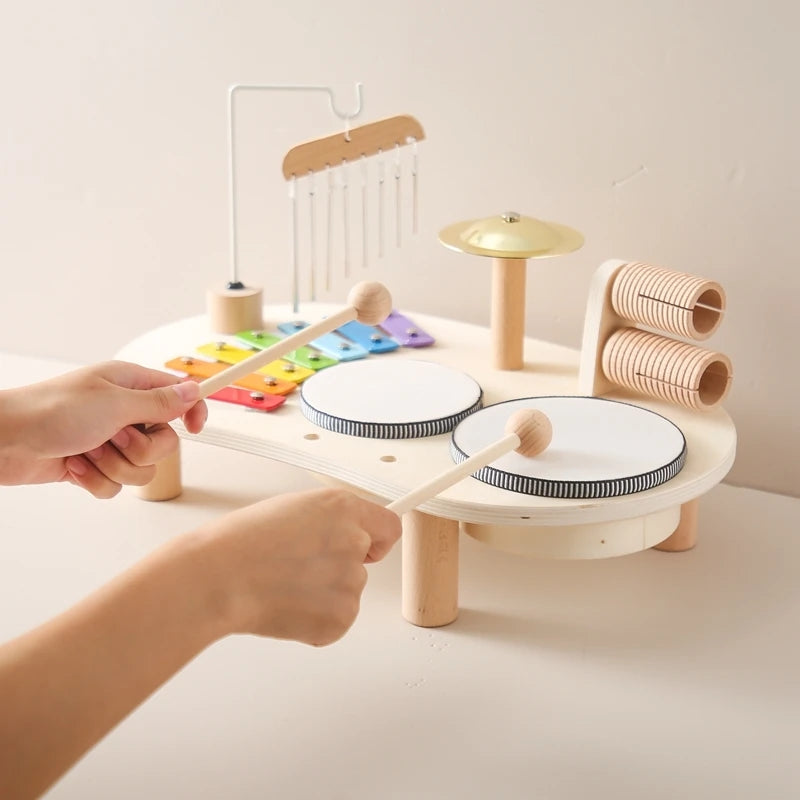 6-in-1 Montessori Wooden Musical Instrument Set - Music Table with Colorful Xylophone, Natural Wood, No Batteries Needed, Safe for Ages 2+