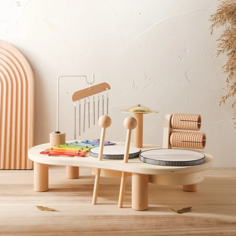 6-in-1 Montessori Wooden Musical Instrument Set - Music Table with Colorful Xylophone, Natural Wood, No Batteries Needed, Safe for Ages 2+