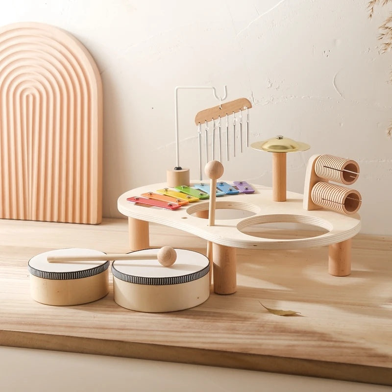 6-in-1 Montessori Wooden Musical Instrument Set - Music Table with Colorful Xylophone, Natural Wood, No Batteries Needed, Safe for Ages 2+
