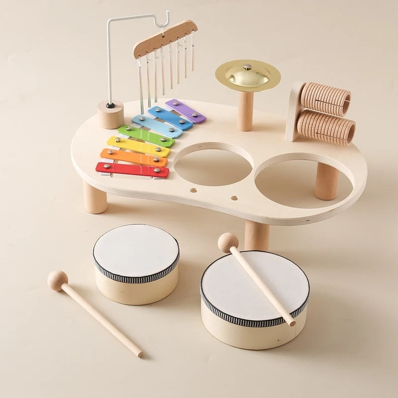 6-in-1 Montessori Wooden Musical Instrument Set - Music Table with Colorful Xylophone, Natural Wood, No Batteries Needed, Safe for Ages 2+