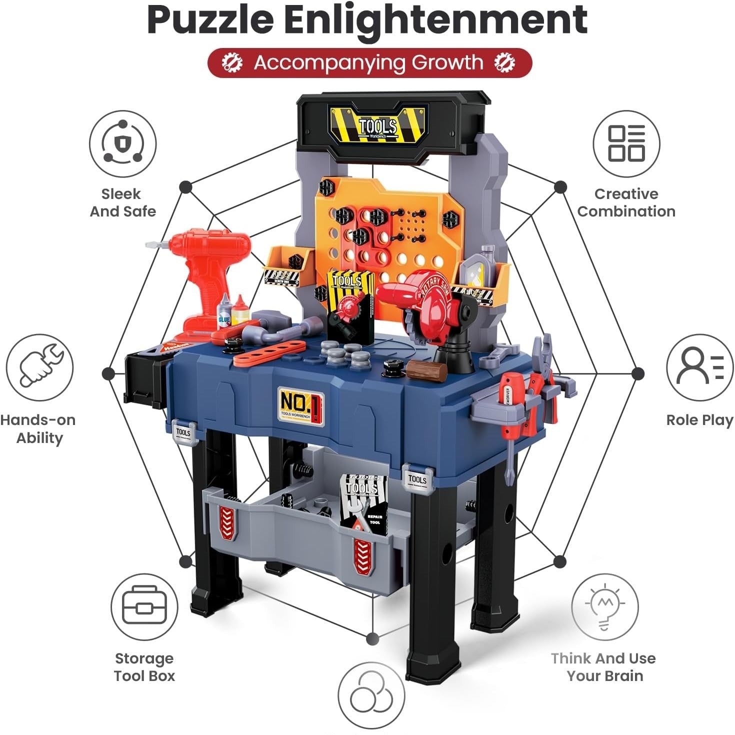65 PCS Kids Tool Bench with Realistic Engineer Role-play, Automatic Saw, Safe for Ages 3+