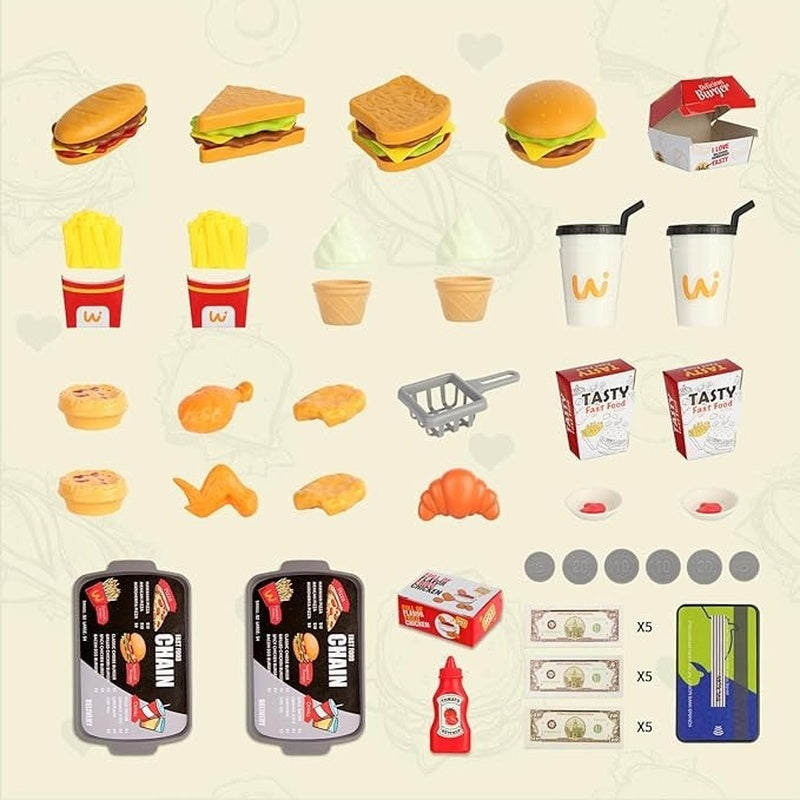 71 Pcs Kids Fast Food Playset Caterer Kitchen Toy Set with Cash Register & Drink Dispenser