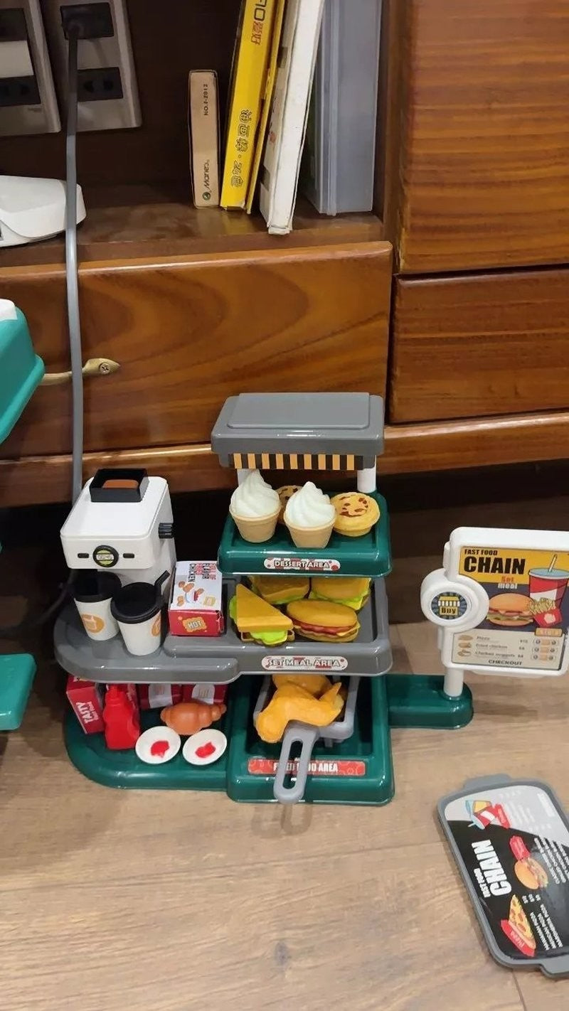 71 Pcs Kids Fast Food Playset Caterer Kitchen Toy Set with Cash Register & Drink Dispenser