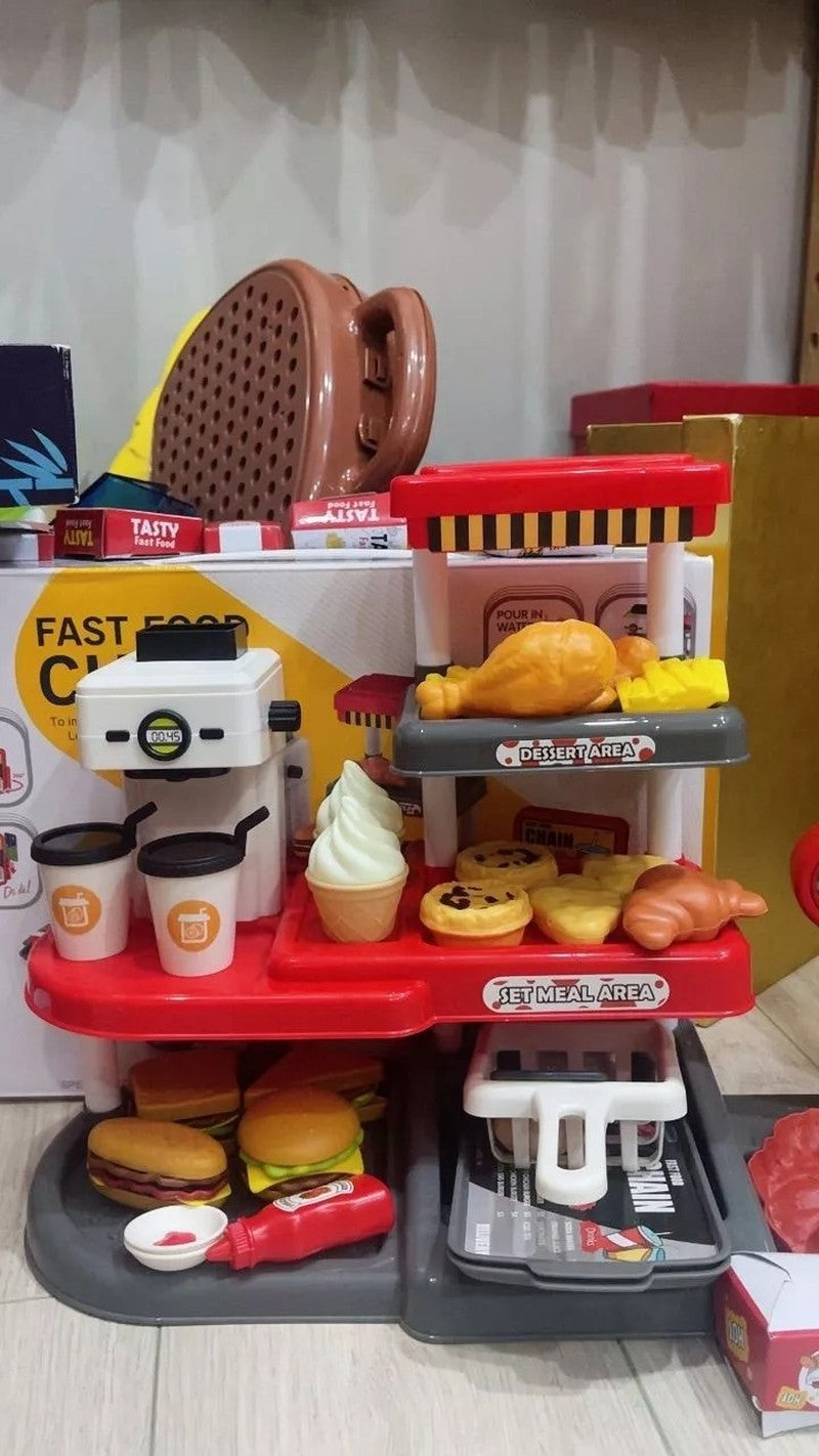 71 Pcs Kids Fast Food Playset Caterer Kitchen Toy Set with Cash Register & Drink Dispenser