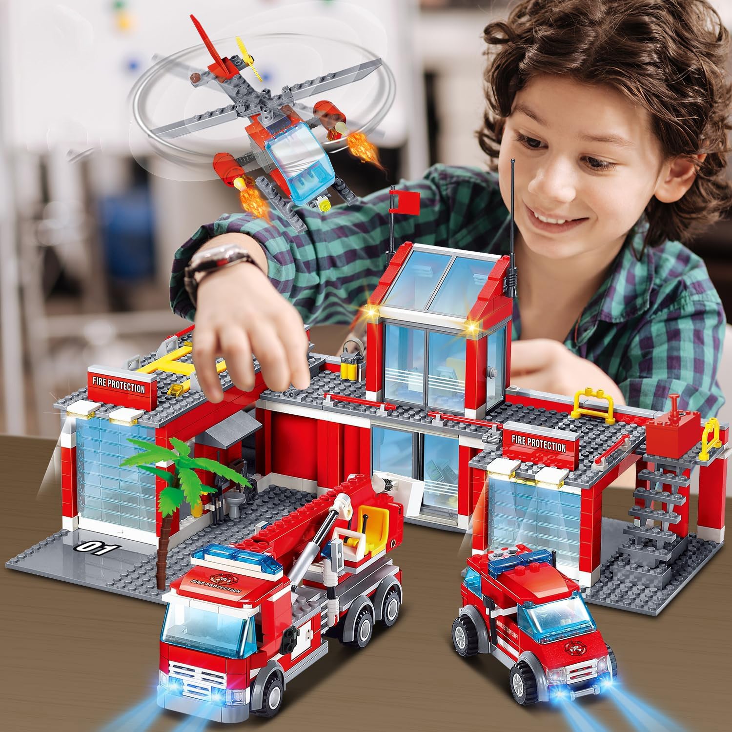 774 Pcs City Fire Station Building Set Including Fire Station, Fire Truck, Fire Helicopter, Fire Fighter, City Building, Safe for Ages 6+