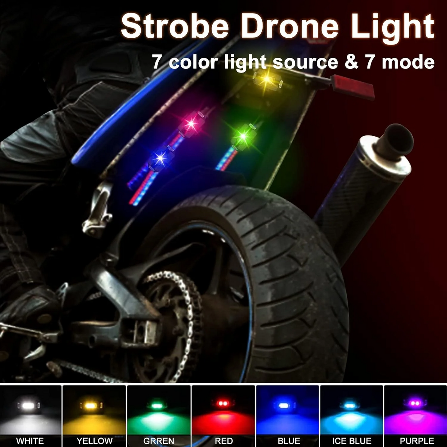 7 Colors LED Motorcycle Strobe Lights - Anti-Collision Lights and USB Charging, Night Signal Emergency Warning