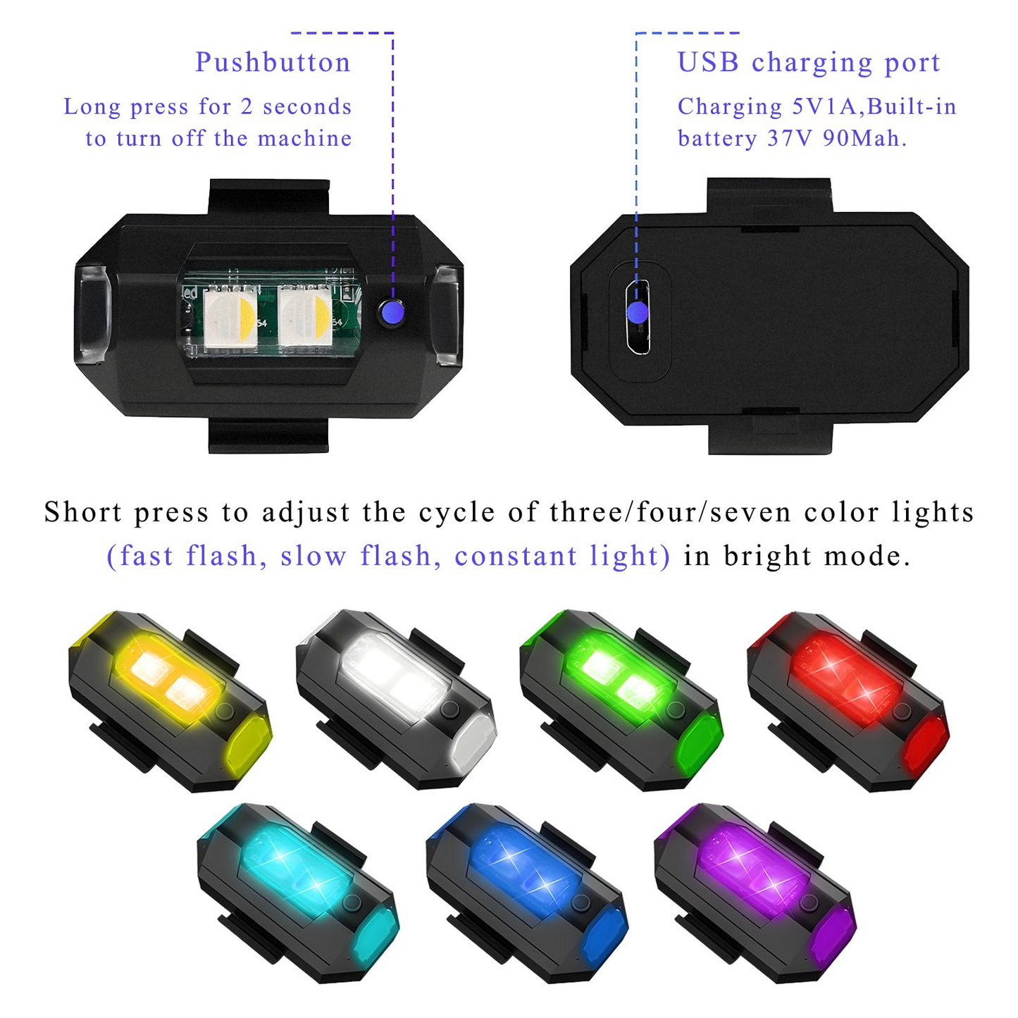 7 Colors LED Motorcycle Strobe Lights - Anti-Collision Lights and USB Charging, Night Signal Emergency Warning
